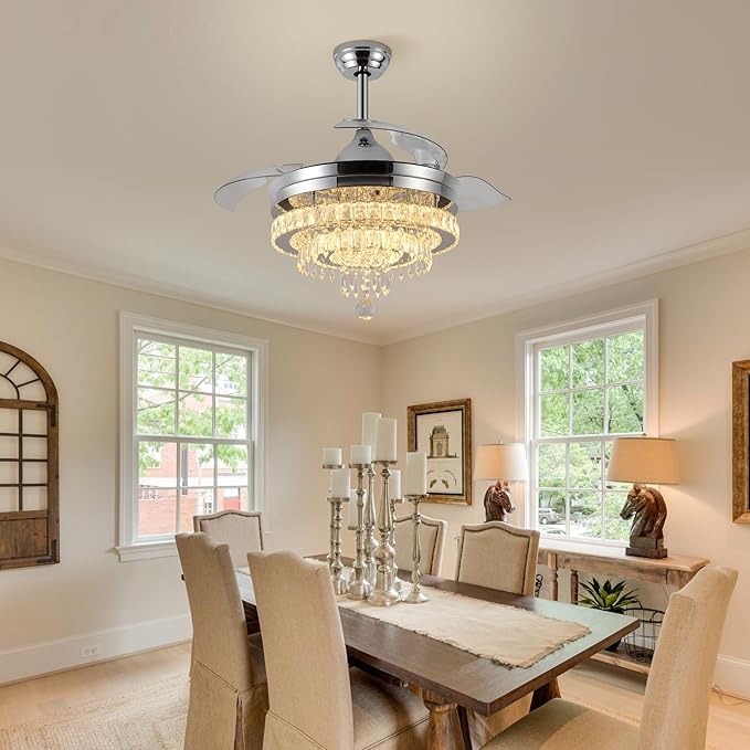 LEONTYNE 42" Modern Fandeliers Chandelier Ceiling Fan LED Dimmable Crystal Ceiling Fan with Light and Remote 6 Speed 3 Blades Retractable Fans for Bedroom Living Dining Room (APP & Timing)