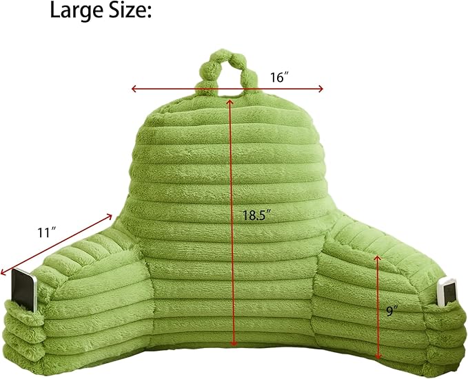 WERDIM Reading Pillow for Sitting in Bed, Faux Fur Back Pillow for Bed Rest, Bed Chair Pillow with Arms and Pockets(Large, Apple Green)