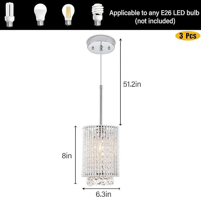 3 Pendant Lights Farmhouse Light Fixtures Kitchen Island Lighting Crystal Hanging Lamp Modern Pendants Ceiling Lamps,for Dinning Room Bedroom Hallway Bar (E26 Base)
