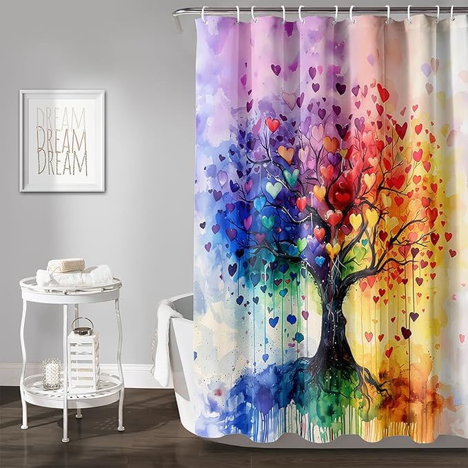 AILONEN Tree of Life Shower Curtain for Bathroom,Watercolor Hearts Tree Printed Waterproof Bath Curtain,Colorful Tree Leaves of Life Abstract Boho Shower Curtain 72" W x 84" H