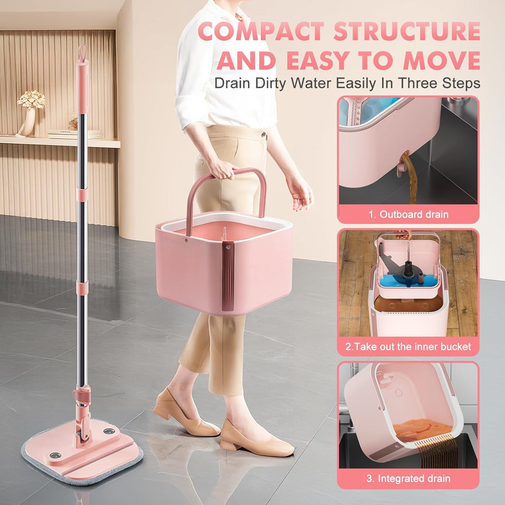 Upgraded Spin Mop and Bucket Self-Standing Mop Bucket Separate Dirty and Clean Water System Self Wringing 360° Rotating & 90° Foldabl Mops and Buckets for Floor Cleaning (Pink, 10Pads)