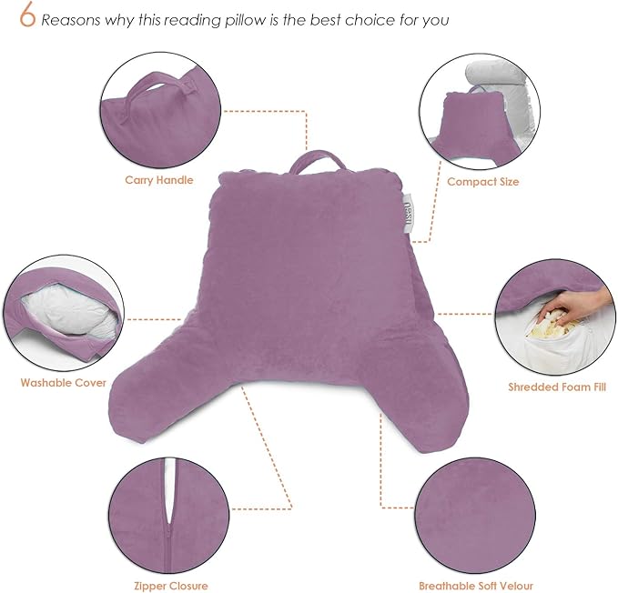 Nestl Reading Pillow Standard Bed Pillow, Back Pillow for Sitting in Bed Memory Foam Chair Pillow, Reading & Bed Rest Pillows Lavender Dream Back Pillow for Bed, Bed Chair Arm Pillow with Pockets