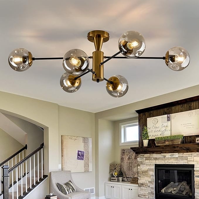 Modern Semi Flush Mount Ceiling Light Fixture 6-Light Sputnik Gold Chandelier with Glass Globe Mid Century Ceiling Lighting for Dinning Room Farmhouse Kitchen Bedroom Living Room.