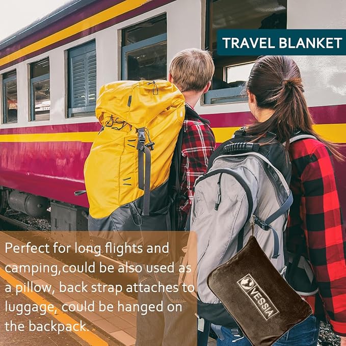 Vessia Travel Blanket for Airplane, Train and Car, Warm and Soft Travel Blanket in Bag for Adults and Kids, Portable Compact Long Flight Blanket with Luggage Sleeve, Backpack Clip(Brown)