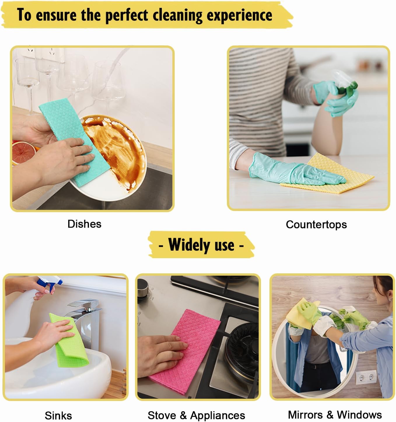 Swedish Dishcloths for Kitchen | 6 Pack Dish Towels Cellulose Sponge Cloths | Non-Scratch Reusable Paper Towels Washable | No Odor Fast Drying Swedish Cloths, Multicolor