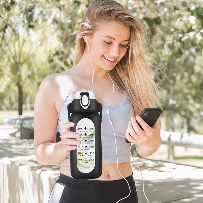 32 oz Glass Water Bottle with Time Marker - 1000ml Large Sports Motivational Water Bottles with Handle & Silicone Case, 1 Liter Leak-proof Measured Drinking Bottle for Gym Fitness Workout (Black)