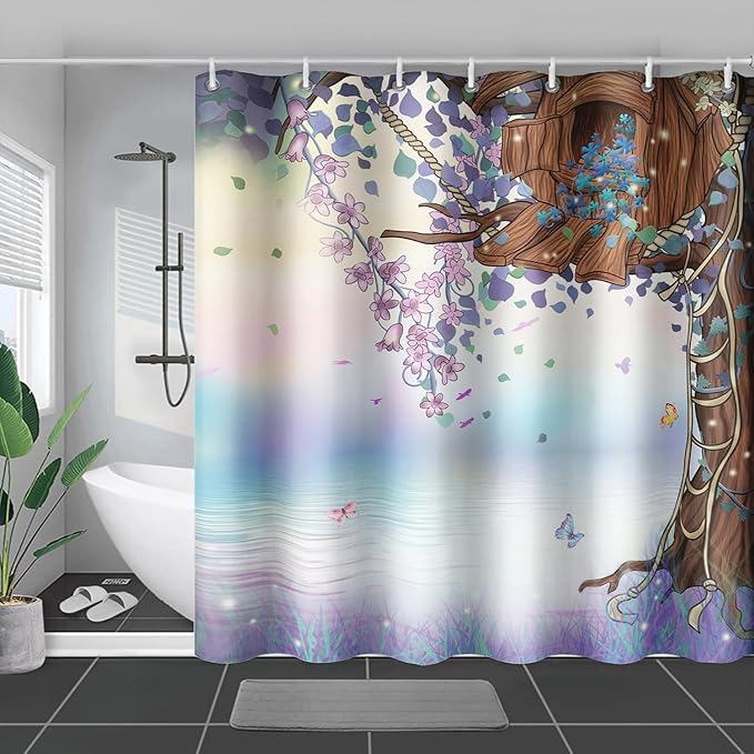 AILONEN Purple Tree Leaves Shower Curtain,Botanical Floral Plants Vine Shower Curtain,Butterfly Floral Shower Curtain for Bathroom Decor Polyester Waterproof with Grommets and Hooks 72" W*84" H