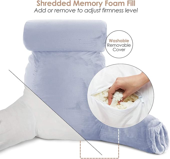 Nestl Reading Pillow Large Bed Pillow, Back Pillow for Sitting in Bed Shredded Memory Foam Chair Pillow, Reading & Bed Rest Pillows Ice Blue Back Pillow for Bed, Bed Chair Arm Pillow with Pockets