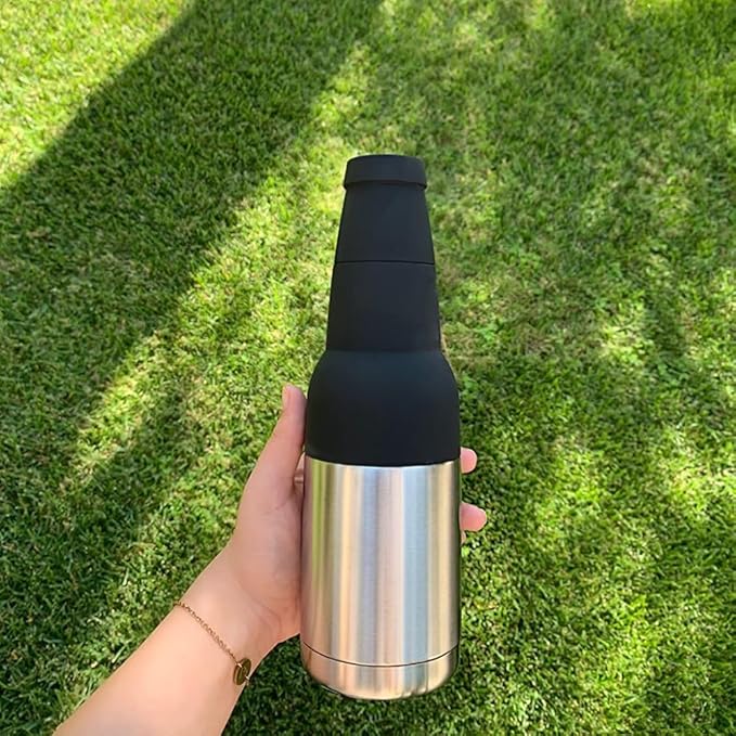 3 in 1 Beer Bottle and Can Cooler, Vacuum Insulated Double Walled Stainless Steel Cooler with Beer Opener, 12 oz Slim Can Insulator Holder (Dark blue)