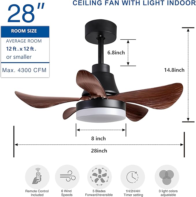 NicBex Ceiling Fan 28 Inch Ceiling Fan with Lights Ceiling Fans with 5 ABS Blades and Remote Control DC Motor Ceiling Fan with Down Rod Mount for Bedroom, Living Room, Brown