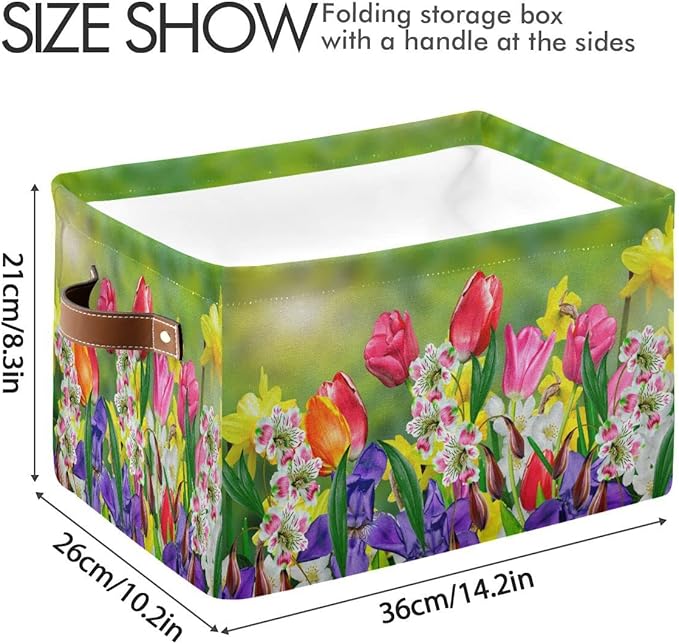 Wamika Spring Tulip Lavender Flowers Storage Basket Fabric Laundry Baskets Green Leaves Herbs Storage Boxes Organizer Bag for Baby Cloth Dog Toy Book Storage Cubes Shelf Closet Bins 16x12x8 Inches