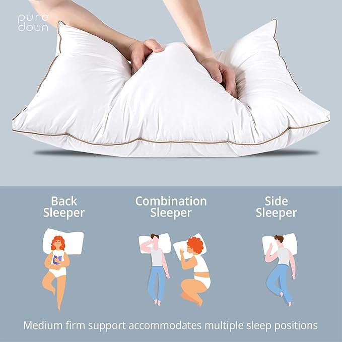 puredown® Goose Feathers Down Pillows Queen Size Set of 2 - Made in USA Soft Fluffy Hotel Pillow, 100% Cotton Cover, Luxury Medium Firm Bed Pillows for Back, Stomach or Side Sleeper.