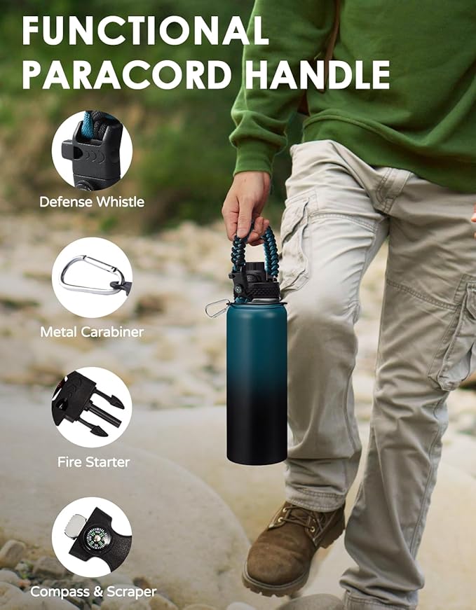 32/40/64 oz Insulated Water Bottle with Straw & Spout Lids, Paracord Handle, Bottle Holder with Strap, 40 oz Stainless Steel Water Bottle Cold for 48H, Vacuum Metal Thermal Flask for Work Travel