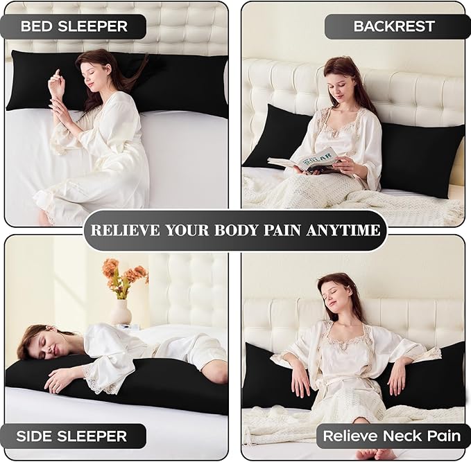 Memory Foam Body Pillow with Removable 100% Cotton Cover, Fluffy Full Body Pillows for Adults, Large Long Bed Pillow for Sleeping, Firm & Supportive (20x54 inch, Black)