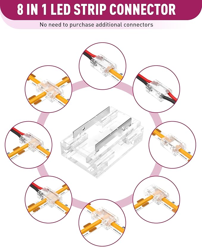 EMITEVER 8-in-1 LED Strip Connectors 12pcs, 2 Pin 8mm COB Tape Lights Terminal Connectors 8 Types Solderless Transparent Connection for 5V 12V 24V（Straight, Corner, Strip to Strip, Strip to Wire）