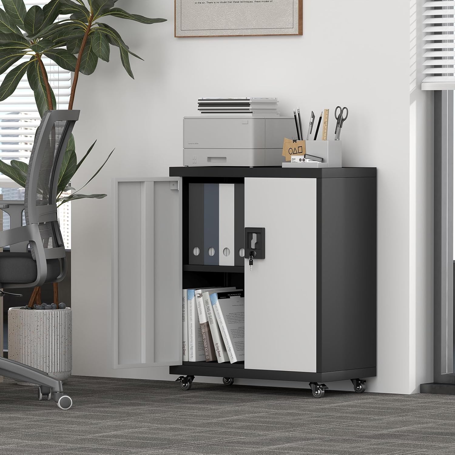 Locking Storage Cabinet,Steel Garage Cabinet with Wheels,Utility Tool Cabinet1 for Garage,Home Office and Warehouse