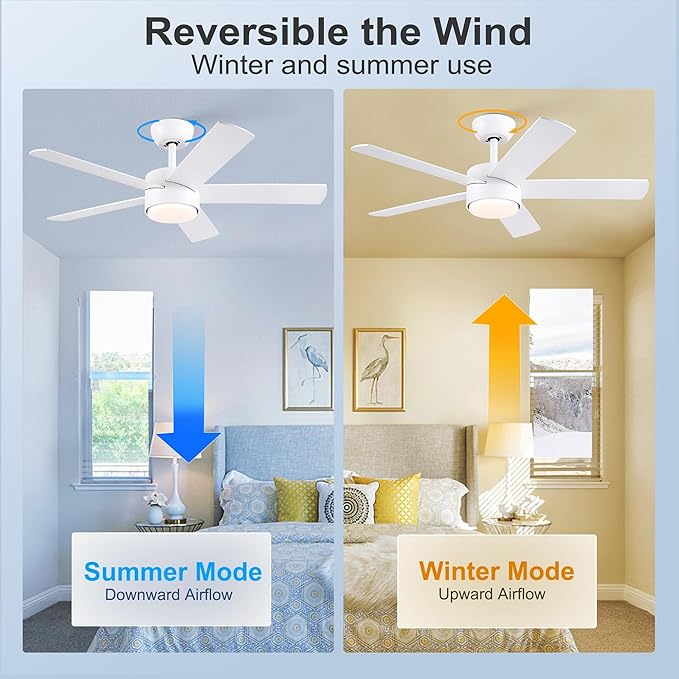 42 inch White Ceiling Fan with Lights and Remote Control, Dimmable Ceiling Fans with Lights,3-Color, Quiet Reversible 6-Speed, Wood Modern Ceiling Fan for Bedroom, Living Room, Dining Room