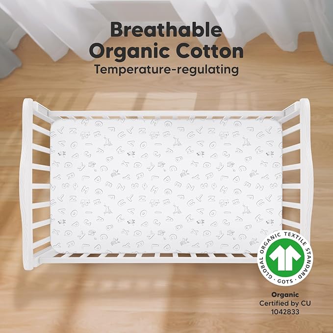 2-Pack Organic Crib Sheets for Boys, Girls - Jersey Fitted Crib Sheet, Baby Crib Sheets Neutral, Crib Mattress Sheet, Cotton Crib Sheets, Breathable Crib Sheet, Baby Mattress Sheets (ABC Land Cloud)