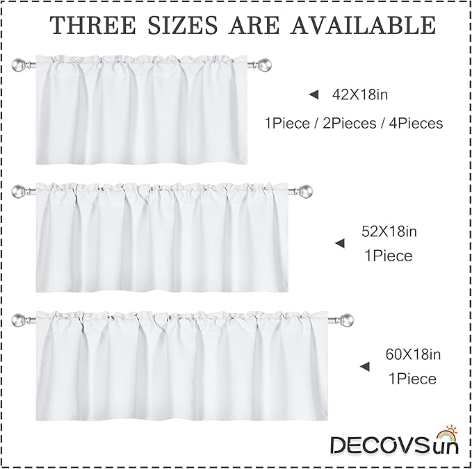 4 Panels White Valance for Windows 42x18 Inch Solid Thermal Insulated Blackout Rod Pocket Kitchen Short Curtain Toppers Valance for Bathroom Living Room