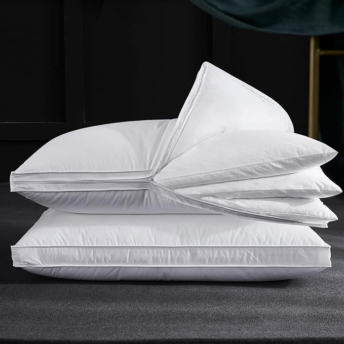 Three Geese Adjustable Layer Goose Feather Pillow,Assemblable Bed Pillow,100% Soft Organic Cotton Cover,Good for Side and Back Stomach Sleeper, Queen Size,Packaging Include 2 Pillows