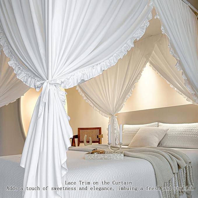AIKASY Princess Canopy Bed Curtains with Top Ties - Windproof & Lightproof for Girls' Adult Bedroom Decor | Bed Canopy Drapes (Queen,White)