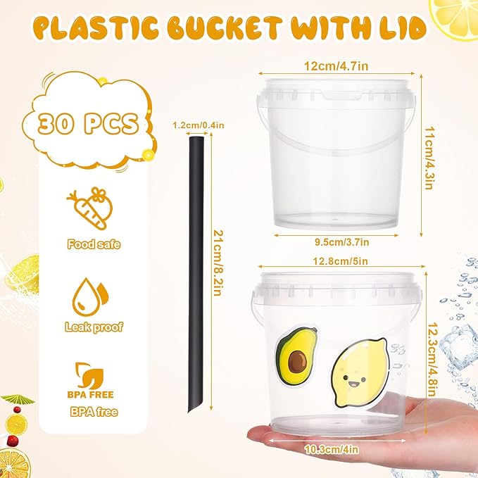 30 Pcs Ice Cream Buckets with Lids and Handles Drink Rum Buckets for Parties Cocktails Reusable Clear Plastic Food Containers with 50 Pcs Summer Stickers