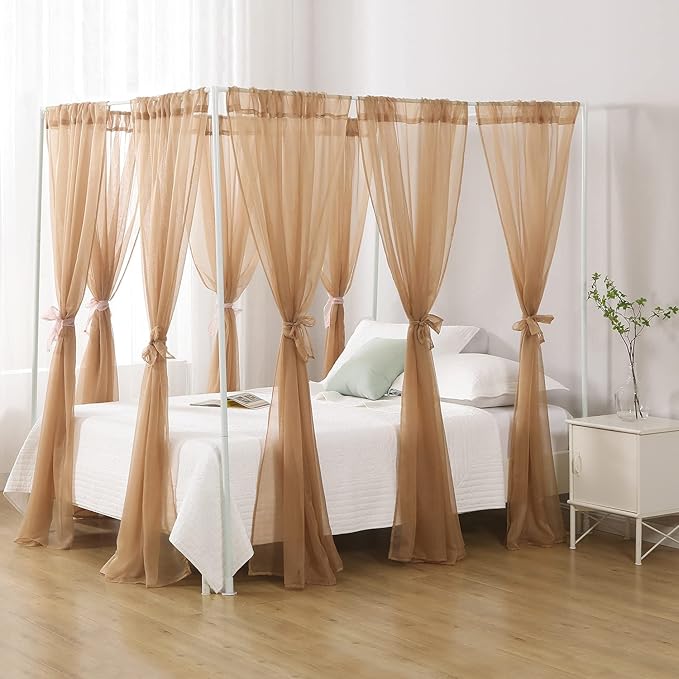 Princess Chiffon Bed Canopy, Canopy Curtains for Queen Bed Adults, 4 Post Bed Drapes Room Decor(Light Coffee)