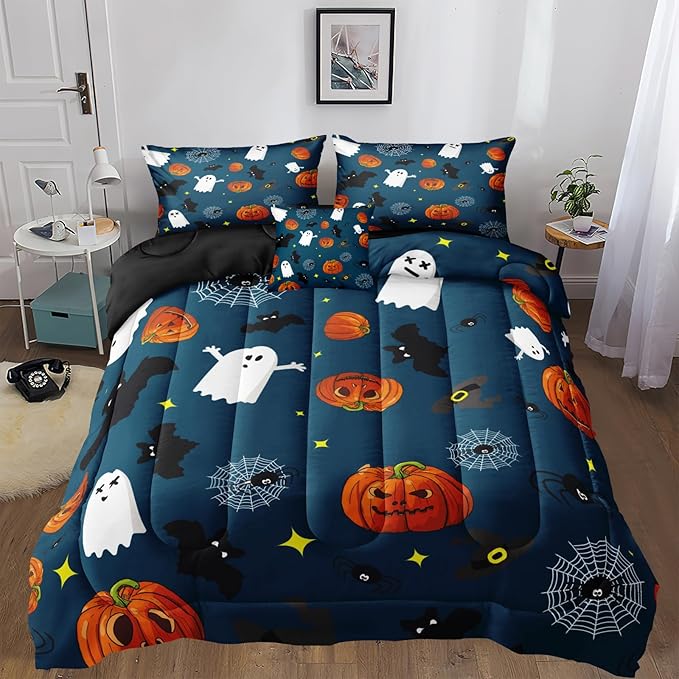 Bedbay Halloween Comforter Set King Size Comforter Set Cartoon Pumpkin Bedding Cute Halloween Bedding King Size Comforter 4 Pcs with 1 Cushion Cover(Blue,King)