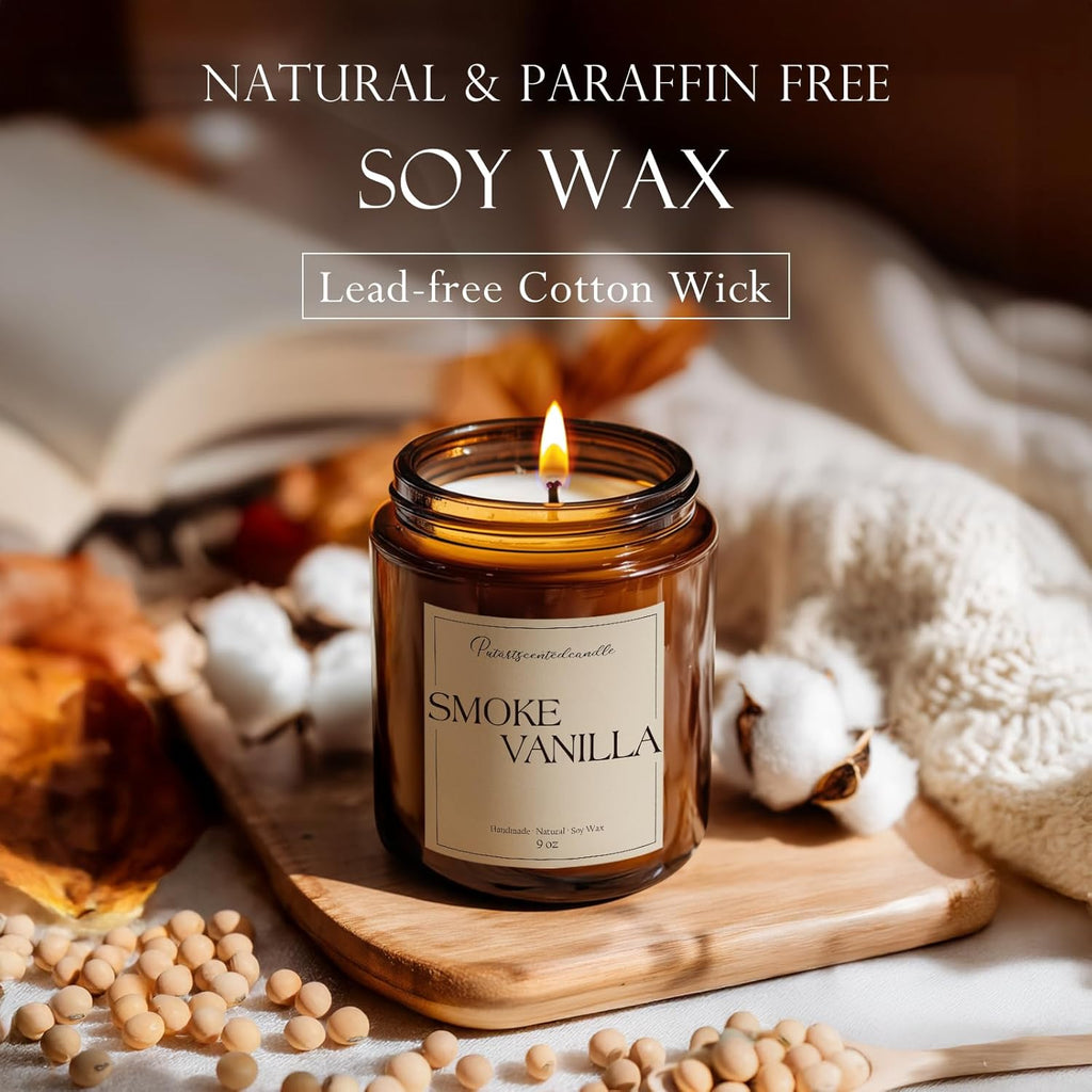 Somke Vanilla Scented Candles for Home, 9oz Natural Soy Wax Aromatherapy Organic Vanilla Candle for Stress Relief, Long Burning & Lasting Jar Candle Gifts for Birthday, Christmas, Thanksgiving