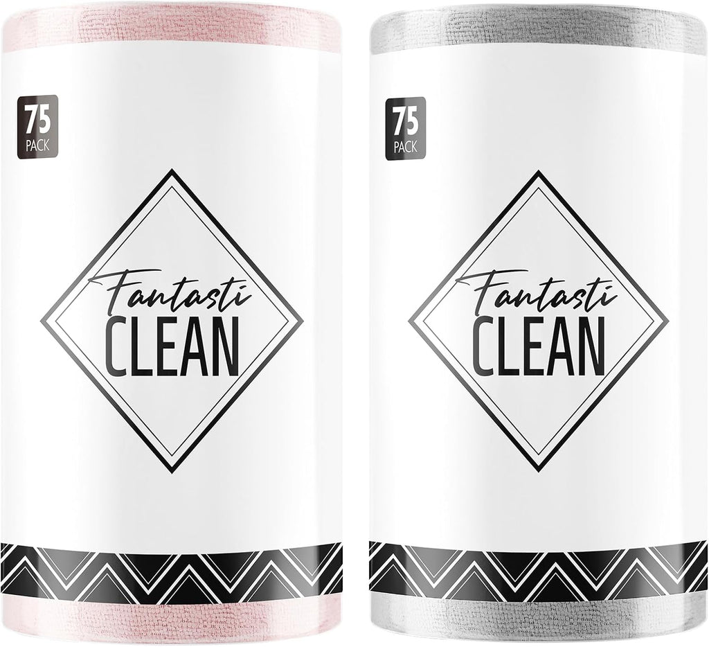 Fantasticlean Microfiber Cleaning Cloth Roll -150 Sheets, Tear Away Microfiber Towels, 12" x 12", Reusable Washable, Ultra Absorbent Dish Rags for Car, Home, Garage or Shop (Pink and Grey)