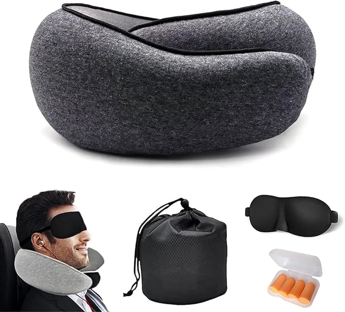Travel Pillow Travel Neck Pillows for Airplanes Memory Foam Airplane Pillow Stowable U-Shaped Pillow(Grey Black 2)