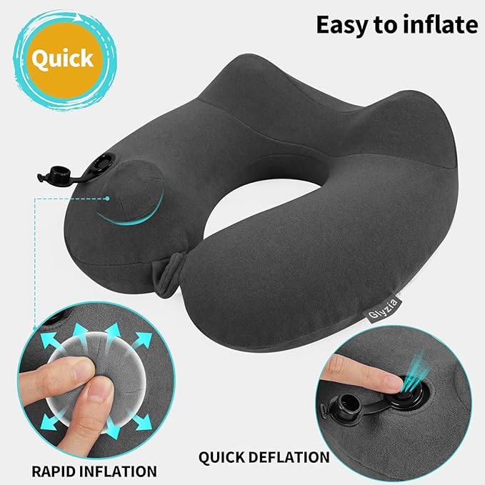Inflatable Travel Neck Pillow for Airplane, 360° Head Support Velvet Adult Neck Pillow for Long Flight, Removable Washable Cover, Kit with Eye Masks, Earplugs & Storage Bag, Grey