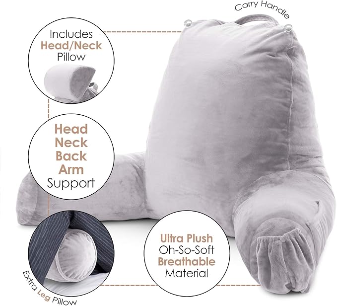 Nestl Reading Pillow Large Bed Pillow, Back Pillow for Sitting in Bed Shredded Memory Foam Chair Pillow, Reading & Bed Rest Pillows Grey Lavender Back Pillow for Bed, Bed Chair Arm Pillow with Pockets