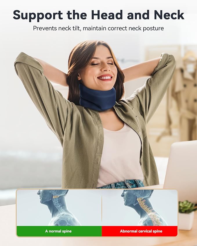 Neck Brace Cervical Collar - Neck Support Brace for Sleeping, Soft Foam Wraps Keep Vertebrae Stable and Aligned for Relief of Cervical Spine Pressure for Women & Men, (12.6-15.8 Inch) Blue