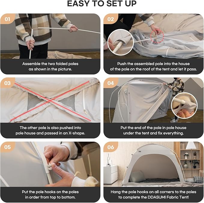 Fabric Indoor Bed Tent, Privacy Play Tent on Bed for Warm and Cozy Dream Sleep Tent, Floorless Type Tent.Cotton Feeling Tent,S-PE Pole, Washable Tents (Grey, Twin)