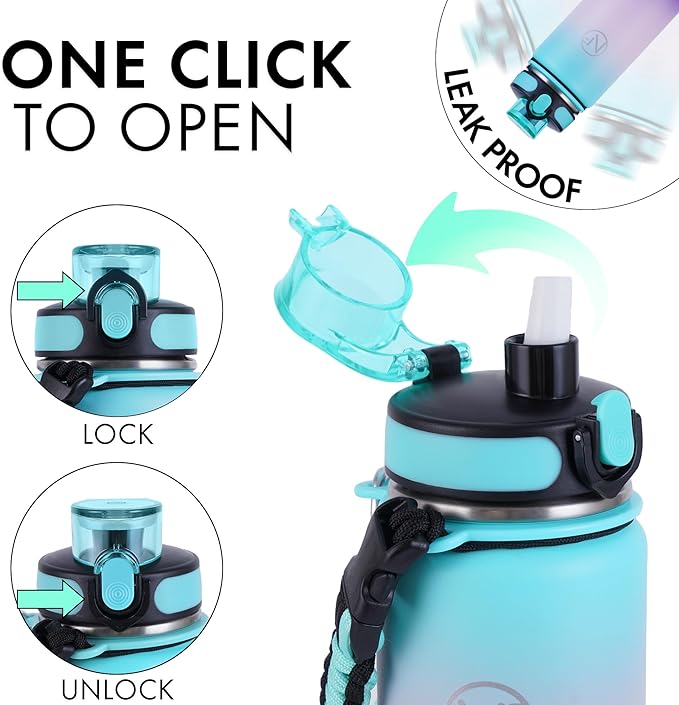 32 oz Insulated Water Bottle With Detachable Straw & Paracord Handle, Stainless Steel Thermos Water Bottle with Leakproof Lockable Lid, BPA-Free Sports Bottle (Green Pink Purple Gradient)