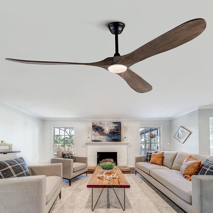 BOJUE 72 Inch Large Ceiling Fans with Lights, Ceiling Fan with Light and Remote Control, 3 Solid Wood Blades, Indoor Outdoor Ceiling Fans for Patios Porch Living Room Farmhouse