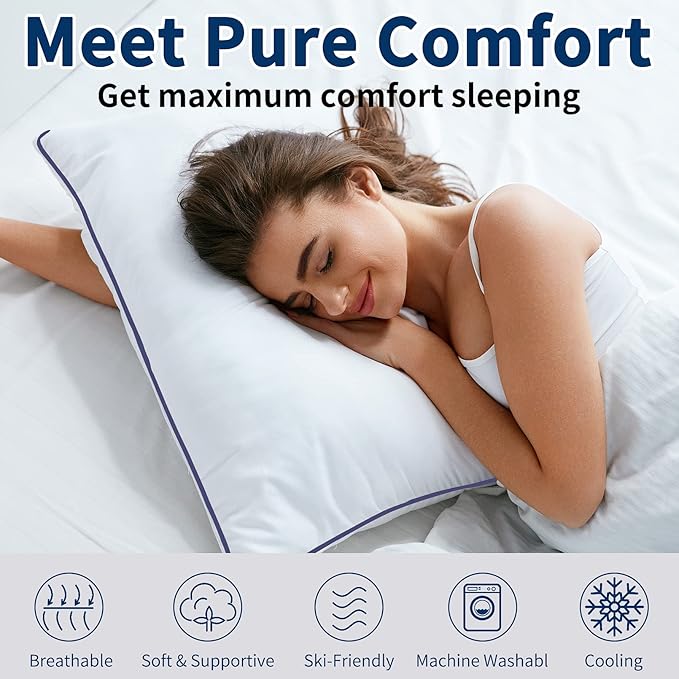 Hotel Quality Cooling Standard Size Bed Pillows Set of 4 - Soft, Firm, and Supportive Down Alternative Pillows for Back, Stomach, and Side Sleepers