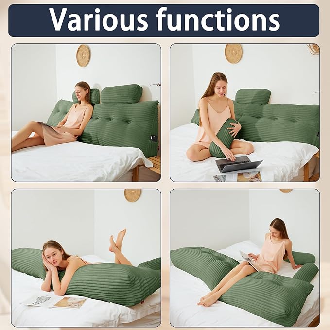 Headboard Pillow King with 2 Pack Neck Roll Pillow Large Headboard Pillow Soft and Supportive with Removable Cover (sage Green, King：76x8x20 Inches)