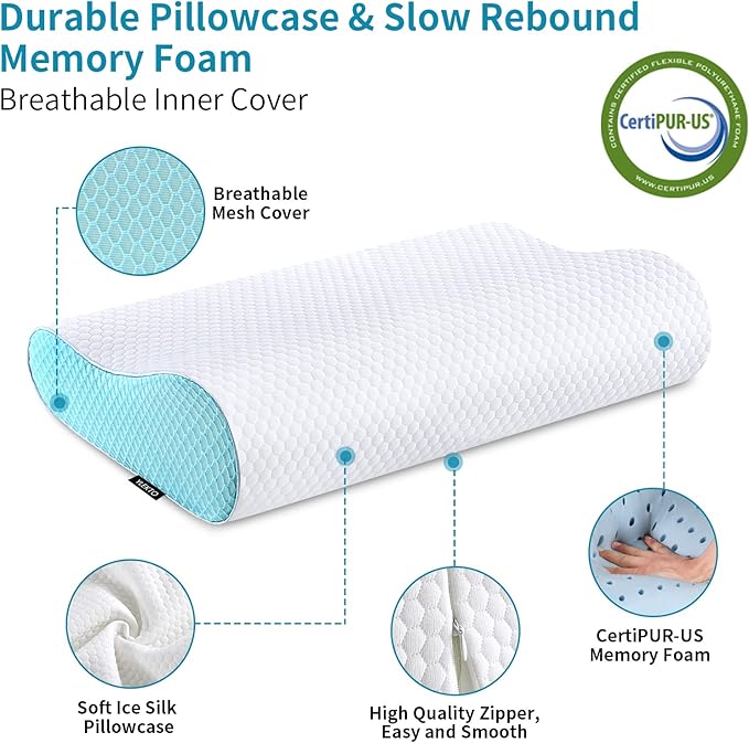 Memory Foam Pillows Neck Pillow Bed Pillow for Sleeping Ergonomic Cervical Contour Pillow for Side Back Stomach Sleeper for Neck and Shoulder Pain