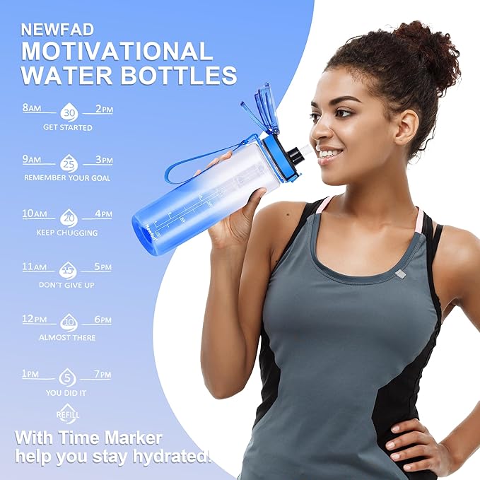 32 oz Water Bottle with Detachable Straw, Clear Motivational Water Bottles with Time to Drink, Tritan & BPA Free Sports Water Jug with Time Marker, Upgraded handle design