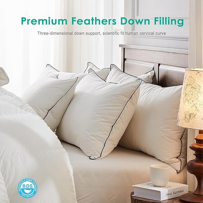 APSMILE Deep Sleep Feather Pillows Standard Size Set of 2, Hotel Collection AirF™ Goose Down Pillow Inserts with Organic Cotton Cover, Soft Bed Pillows for Sleeping (White, 20"x26")