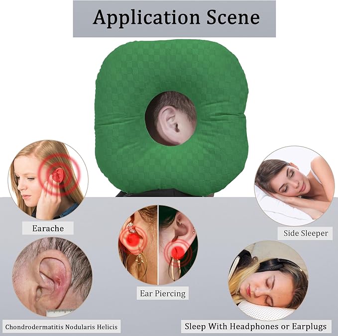 Ear Piercing Pillow for Side Sleepers, Pillow with an Ear Hole for CNH and Ear Pain Ear Inflammation Pressure Sores, O-Shaped Side Sleeping Pillow, Ear Guard Pillow (Emeraldgreen)