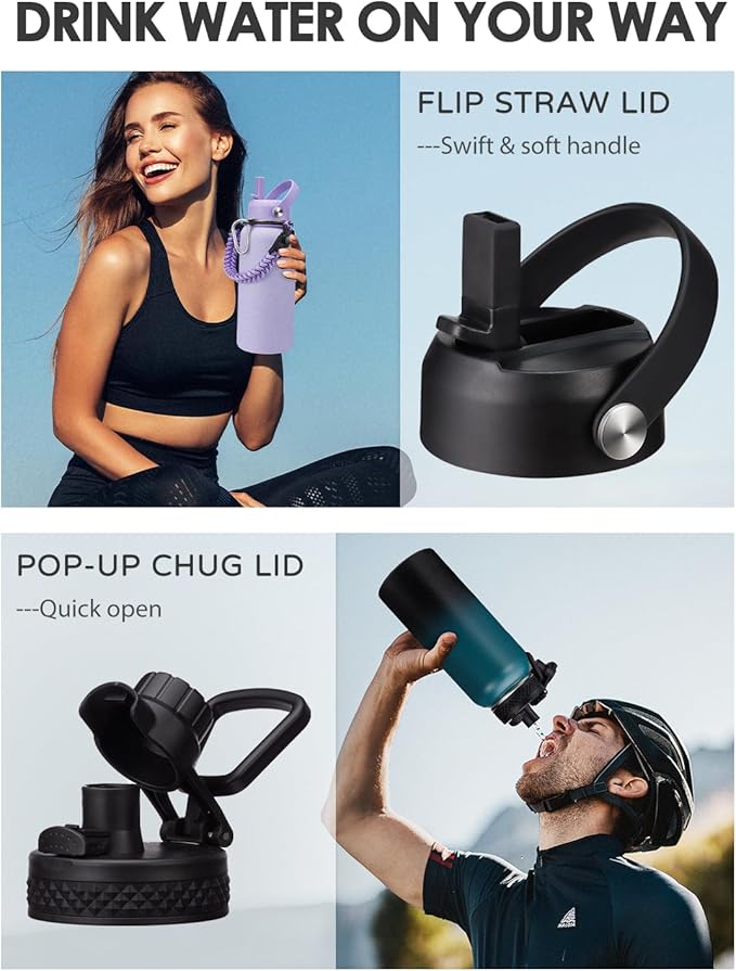 32/40/64oz Insulated Water Bottle with Straw - Spout Lids, Paracord Handle, Shoulder Carrier Bag, 32 oz Stainless Steel Water Bottle Thermal Flask for Sport Travel Work, Hydro Mug Cold for 48Hrs