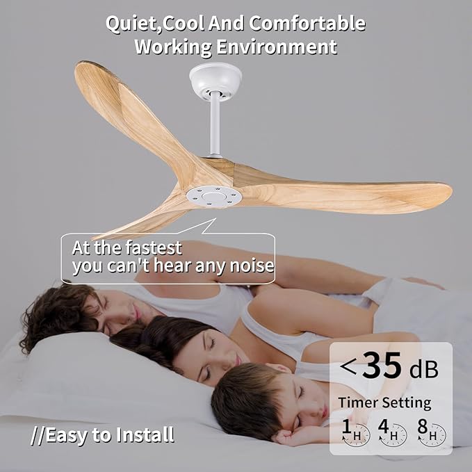 Bigzone 52" Modern Ceiling Fan No Light, DC Motor Energy Saving, 3 Solid Wood Blades, Outdoor Ceiling Fan With Remote Control，Reversible Blades