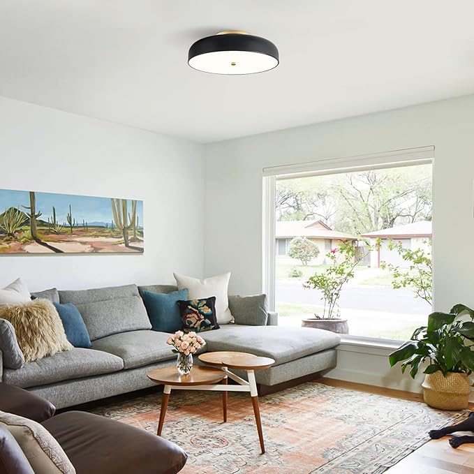 Dimmable LED Ceiling Light Fixture, 2700K-6000K 5CCT Modern Mid-Century Semi Flush Mount Ceiling Light, Black Close to Ceiling Lamp for Bedroom, Living Room, Kitchen, Laundry Room, 15.7in