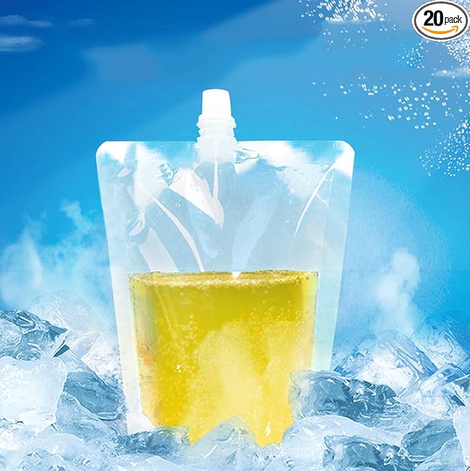 16oz Collapsible Emergency Water Container Bag BPA Food Grade Storage Jug No-Leak Freezable Odorless Drink Juice Pouches for Outdoor Sport Camping Hiking Backpack Plastic Flask(20Pack Straight mouth