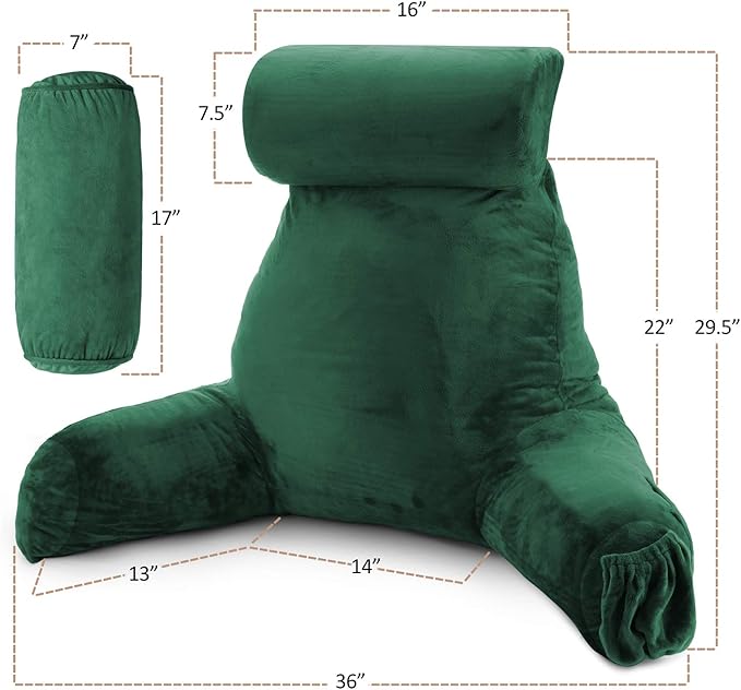 Nestl Reading Pillow Large Bed Pillow, Back Pillow for Sitting in Bed Shredded Memory Foam Chair Pillow, Reading & Bed Rest Pillows Dark Green Back Pillow for Bed, Bed Chair Arm Pillow with Pockets