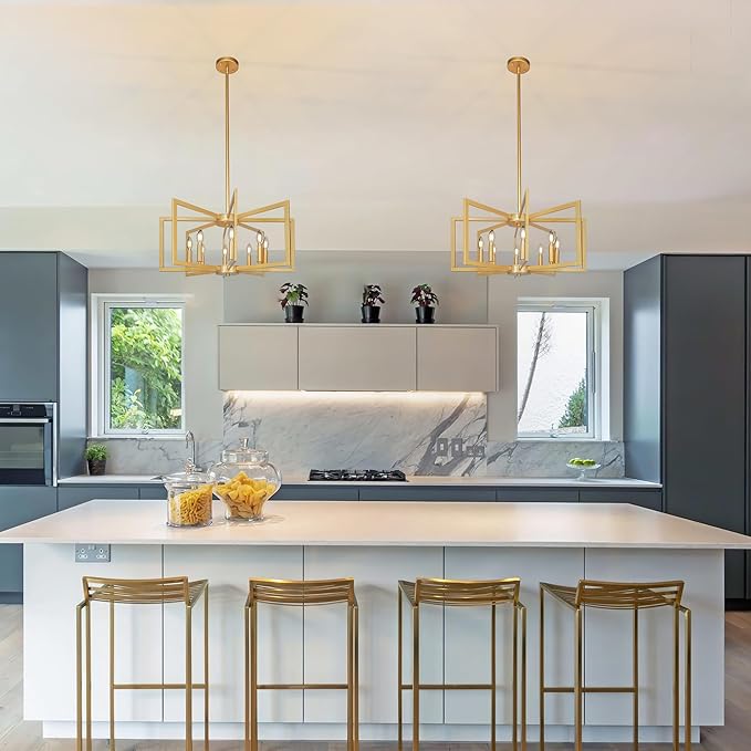 8-Light Modern Farmhouse Gold Geometric Chandelier, Large Industrial Metal Kitchen Light Fixtures, Rustic Cage Hanging Lights for Dining Room Entryway Foyer Living Room Stairway