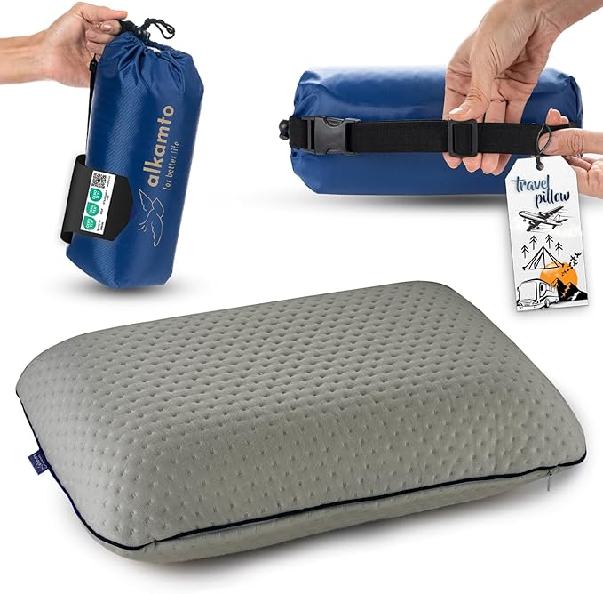 Travel & Camping Comfortable Memory Foam Pillow – Easy to Carry Portable Bag – Temperature Regulating Pillow Case (Grey)